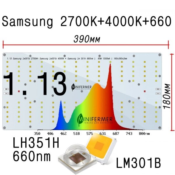 1.13 Quantum board 180 х 390 Samsung lm301b 2700K+ Samsung lm301b 4000K + Samsung lh351h 660nm